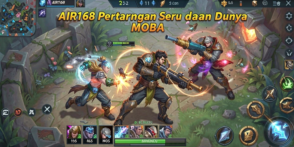 Tangkapan layar utama <strong>AIR168</strong> menampilkan aksi gameplay MOBA yang intens.