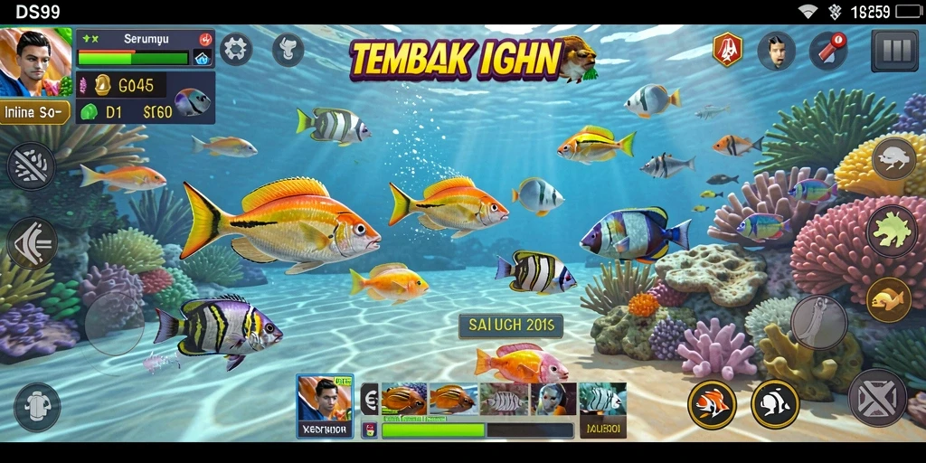 Screenshot DS99 menunjukkan aksi menembak ikan yang seru.