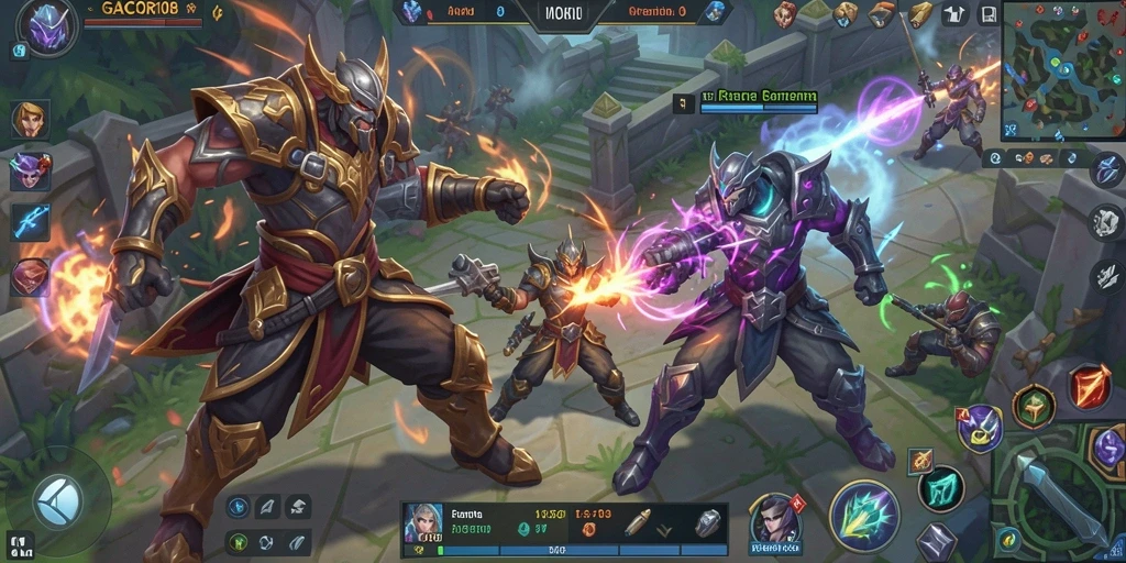 Tampilan gameplay GACOR108 dengan karakter bertarung di arena MOBA.