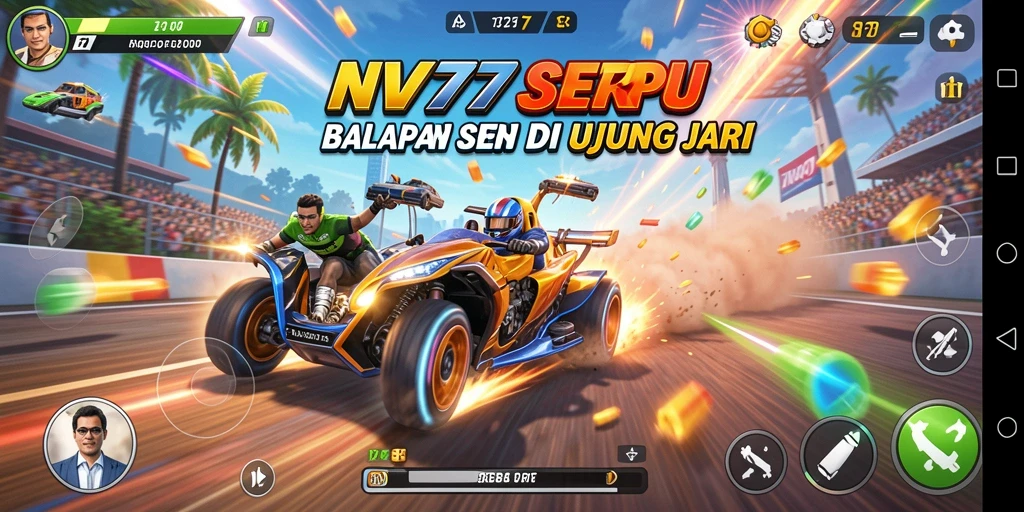 Tangkapan layar gameplay NV77 menampilkan aksi balapan yang seru.