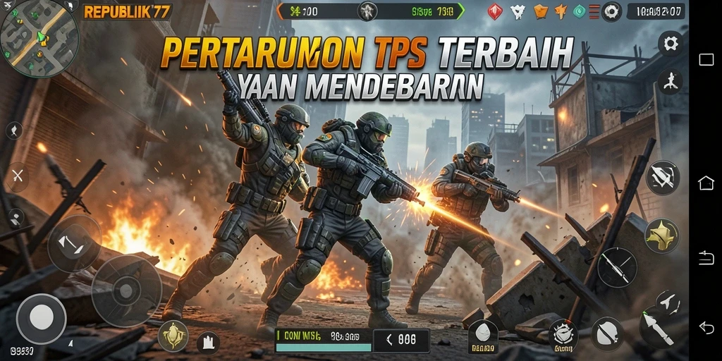 Screenshot REPUBLIK77 menampilkan aksi tembak-menembak seru di arena.
