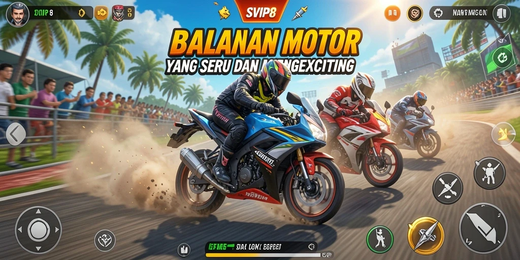 Screenshot gameplay SVIP8 dengan aksi balapan motor yang mendebarkan.