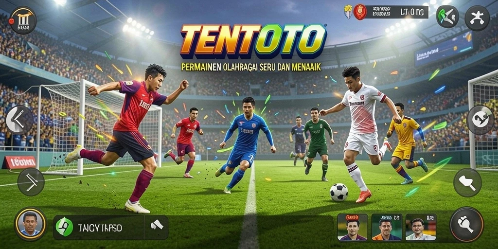 Tangkapan layar gameplay TENTOTO menampilkan aksi seru di dalam arena olahraga.