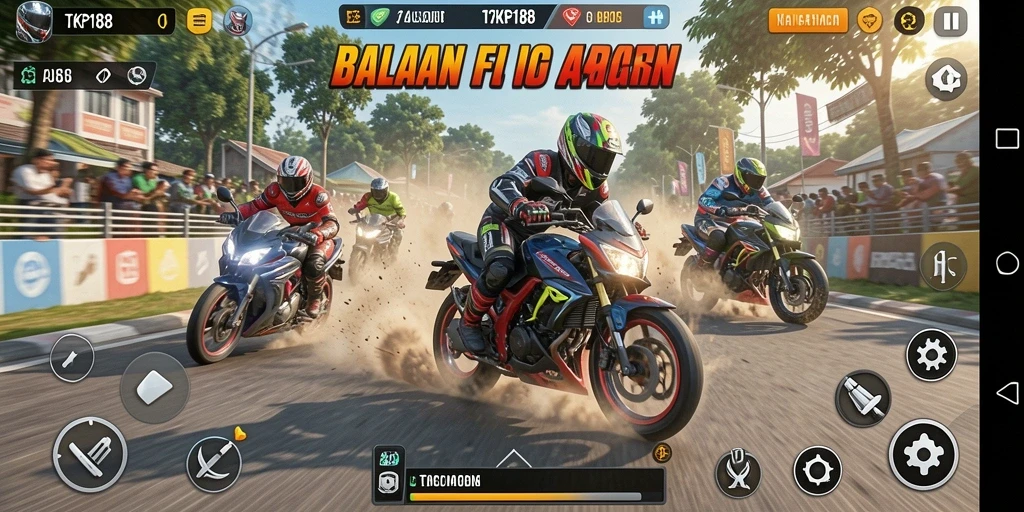 Screenshot TKP188 menampilkan aksi balapan motor yang mendebarkan.