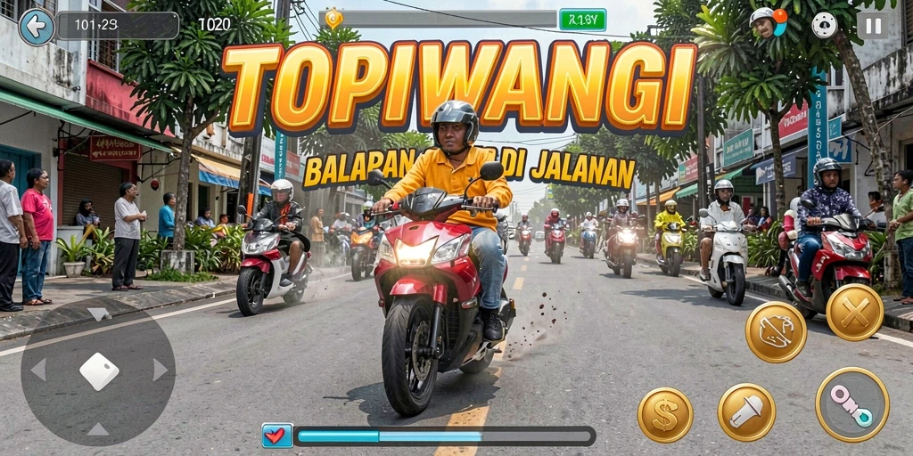 Screenshot gameplay TOPIWANGI yang menunjukkan aksi balapan seru.