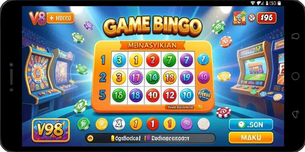 Tampilan gameplay seru dalam V98 yang penuh warna dan interaktif.